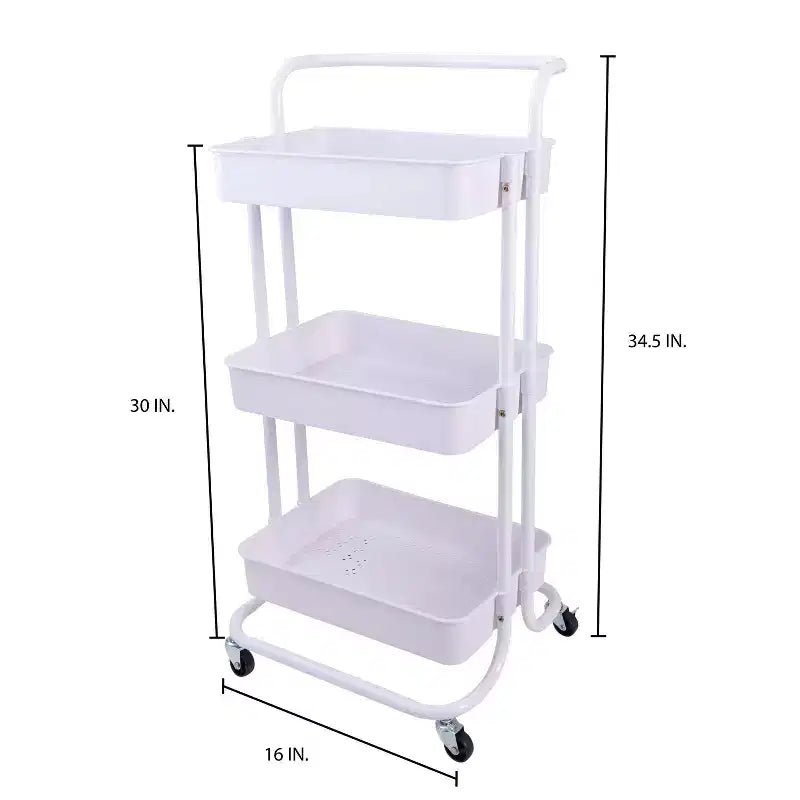 Organize It All 3 Tier Storage Rolling Metal Utility Cart with Basket and Wheels White