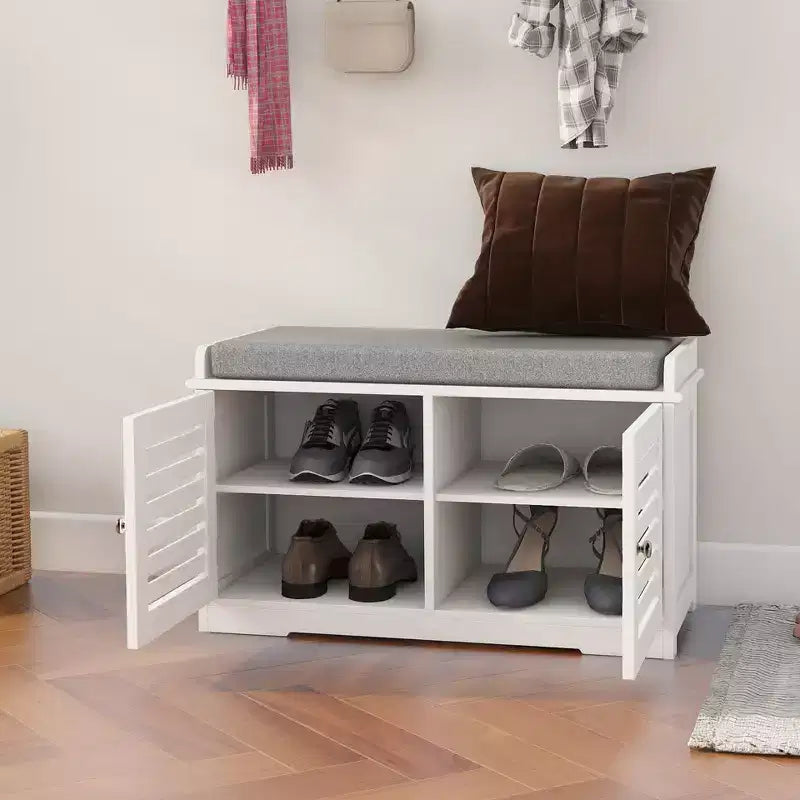 AndMakers White 28.74 in. Bedroom Bench with 2 Barn Doors