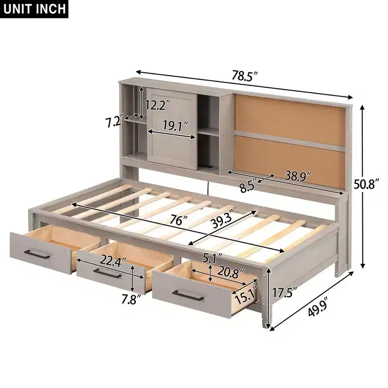 Twin Size Daybed with Storage Shelves, Cork Board, USB Ports and 3 Drawers - ModernLuxe
