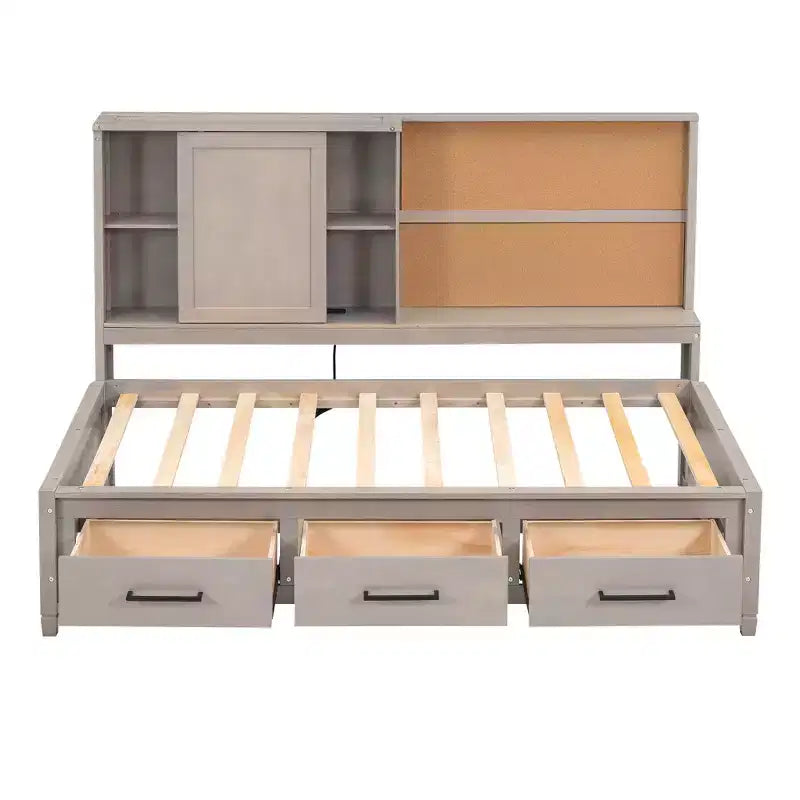 Twin Size Daybed with Storage Shelves, Cork Board, USB Ports and 3 Drawers - ModernLuxe