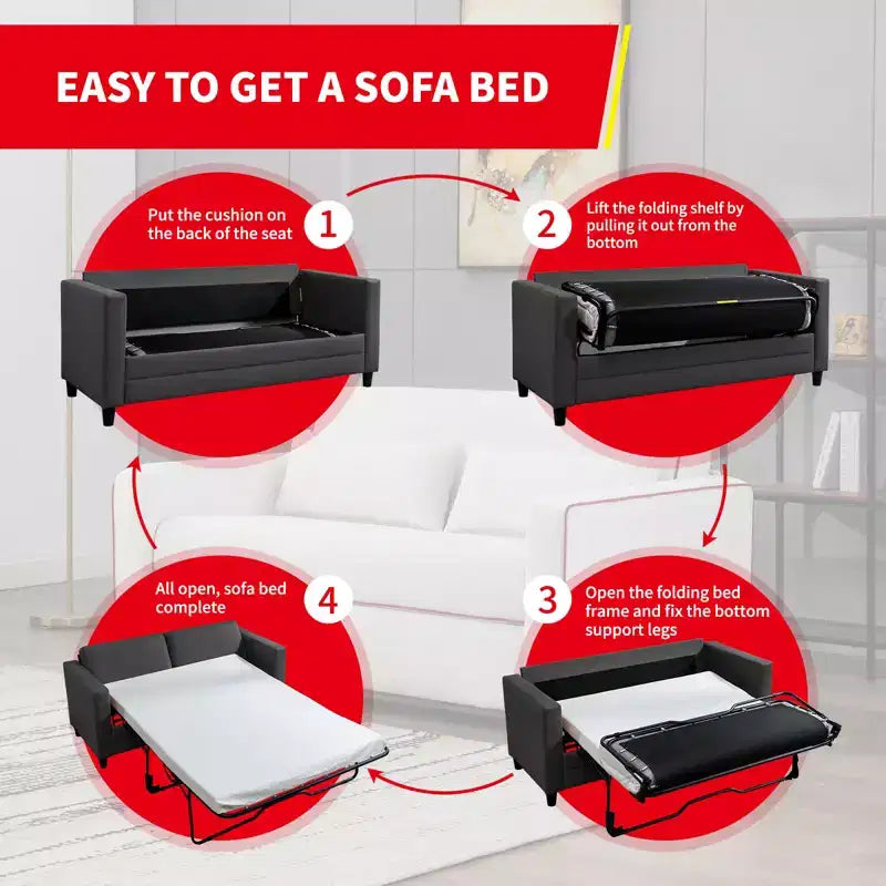 Mjkone Loveseat Sofa Bed, Leather 2-in-1 Sleeper Sofa With Foldable Mattress, Pull out 2-Seater Couch Bed With Metal Frame For Small Space