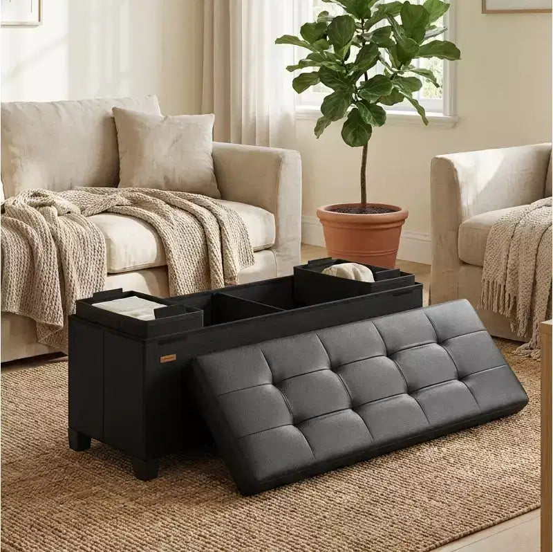Storage Ottoman Bench with Legs, 15 x 43 x 15.7 Inches, 30 Gal. (112 L) Capacity, Synthetic Leather, Multi-Functional Footrest and Seat
