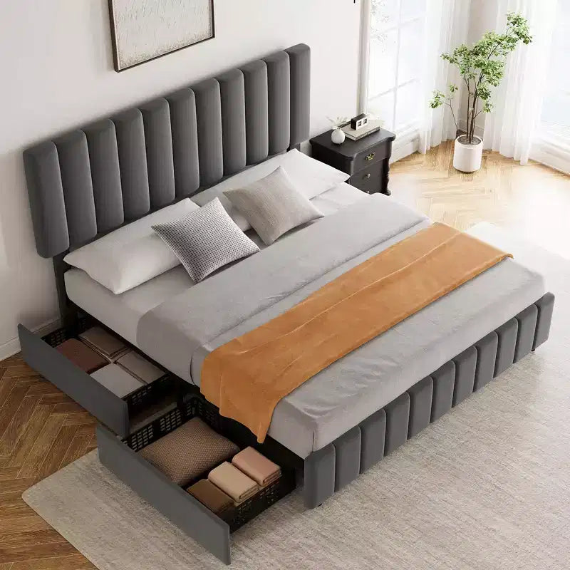 Garvee King/Queen/Full Upholstered Bed Frame with 4 Storage Drawers, Adjustable Headboard & Wood Slats, No Box Spring Needed, Black/Grey/White