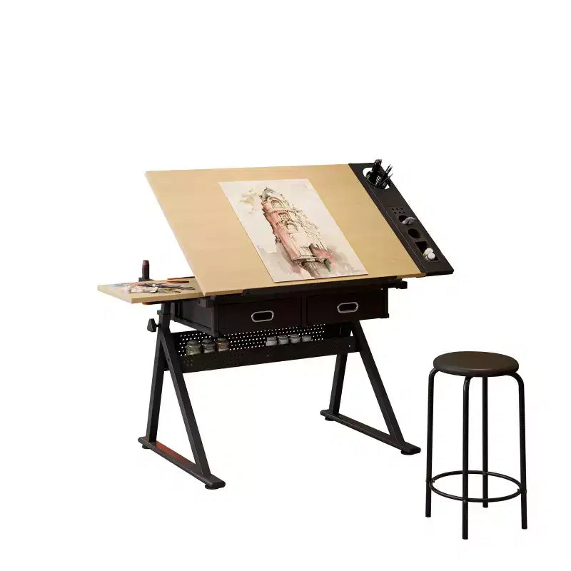Adjustable Height Drafting Table, 0-75 Tilting Oak Tabletop, 2 Storage Drawers, Stool, Artist Desk for Drawing, Painting, Crafting, Writing
