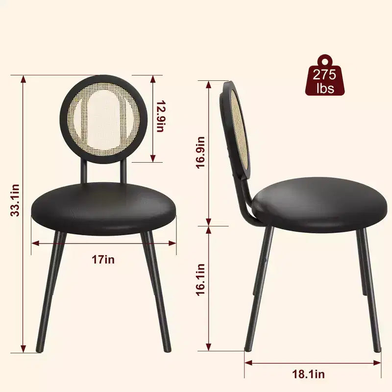 Modern Upholstered Dining Chairs with Natural Rattan Back & Metal Legs, Space-Saving Set of 4 for Kitchen, Dining Room