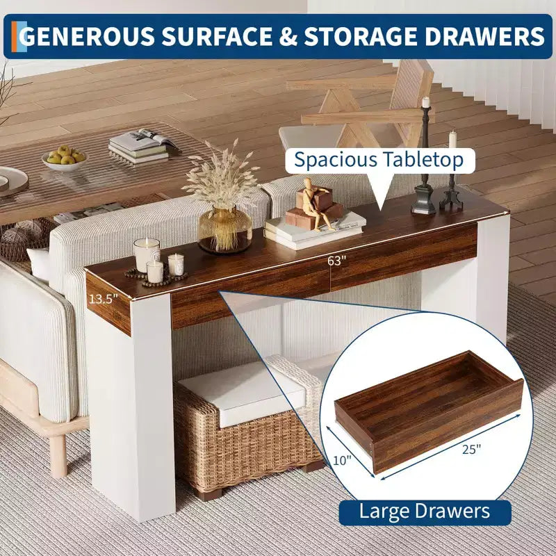 63 Entryway Console Table, Wooden Narrow Long Sofa Table with 2 Drawers, Accent Behind Couch Table, Entry Foyer Table for Living Room, Hallway