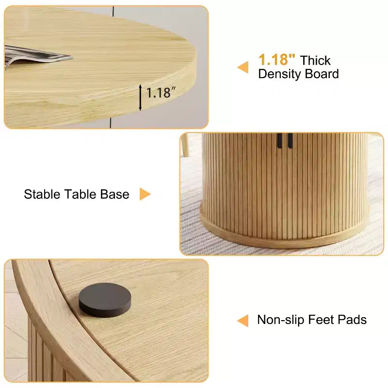 Dyonery Round Dining Table for 4 People,35.43 Modern Kitchen Table with Hidden Storage & Fluted Wood Design,Wood Texture Dining Table for Small Space