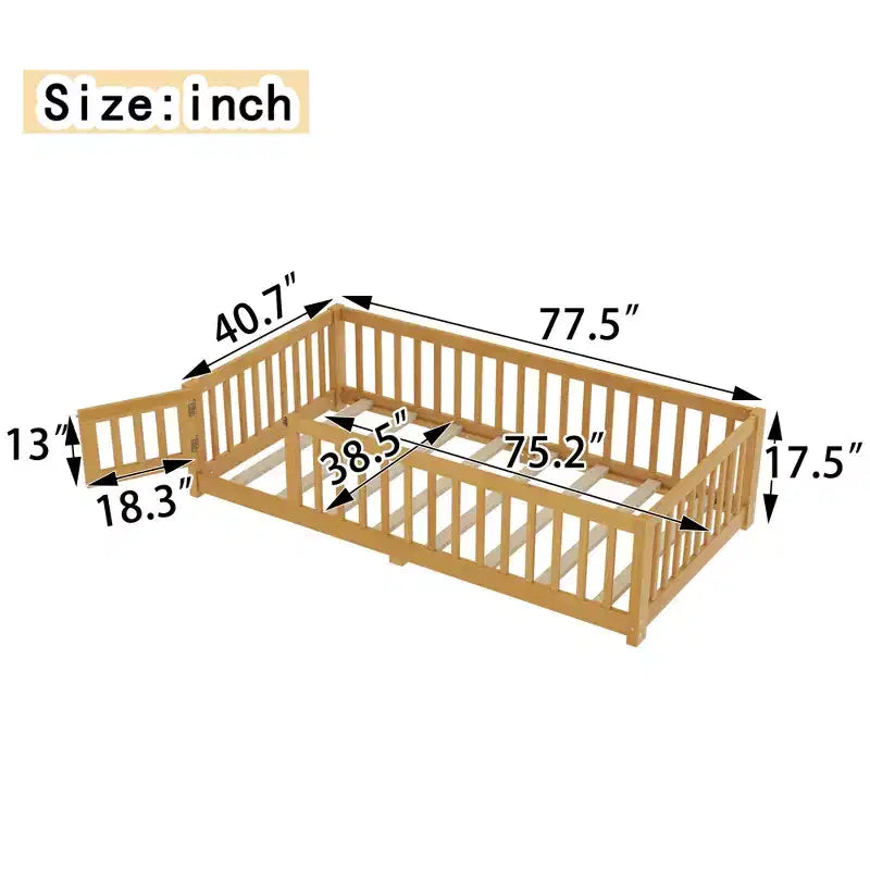 Twin/Full/Queen Size Floor Bed with Guardrails and Door, Wood Platform Bed for Kids