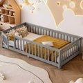 Twin/Full/Queen Size Floor Bed with Guardrails and Door, Wood Platform Bed for Kids