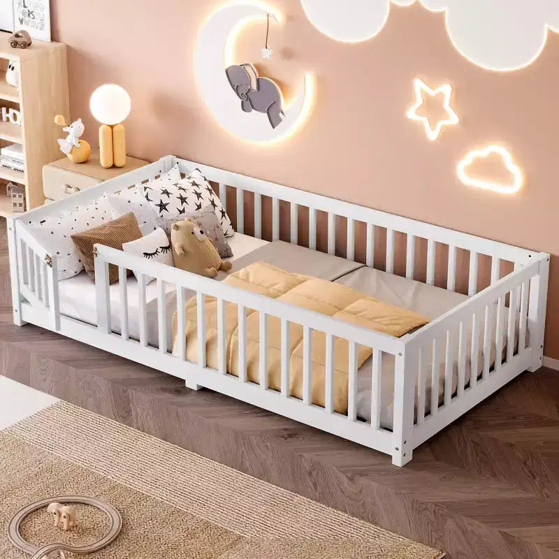 Twin/Full/Queen Size Floor Bed with Guardrails and Door, Wood Platform Bed for Kids