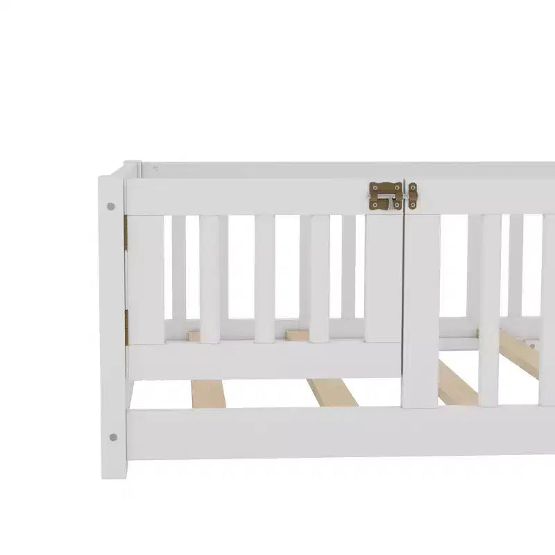 Twin/Full/Queen Size Floor Bed with Guardrails and Door, Wood Platform Bed for Kids