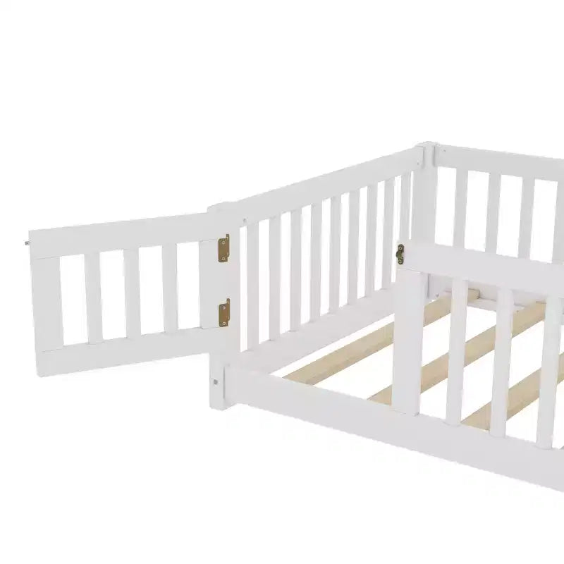 Twin/Full/Queen Size Floor Bed with Guardrails and Door, Wood Platform Bed for Kids