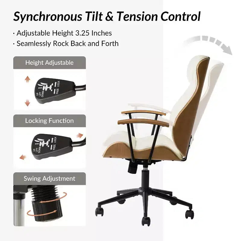 Basilio Mid-Century Modern Curved Bentwood High Back Swivel Office chair with Tilting|ART OF LIVING DESIGNS