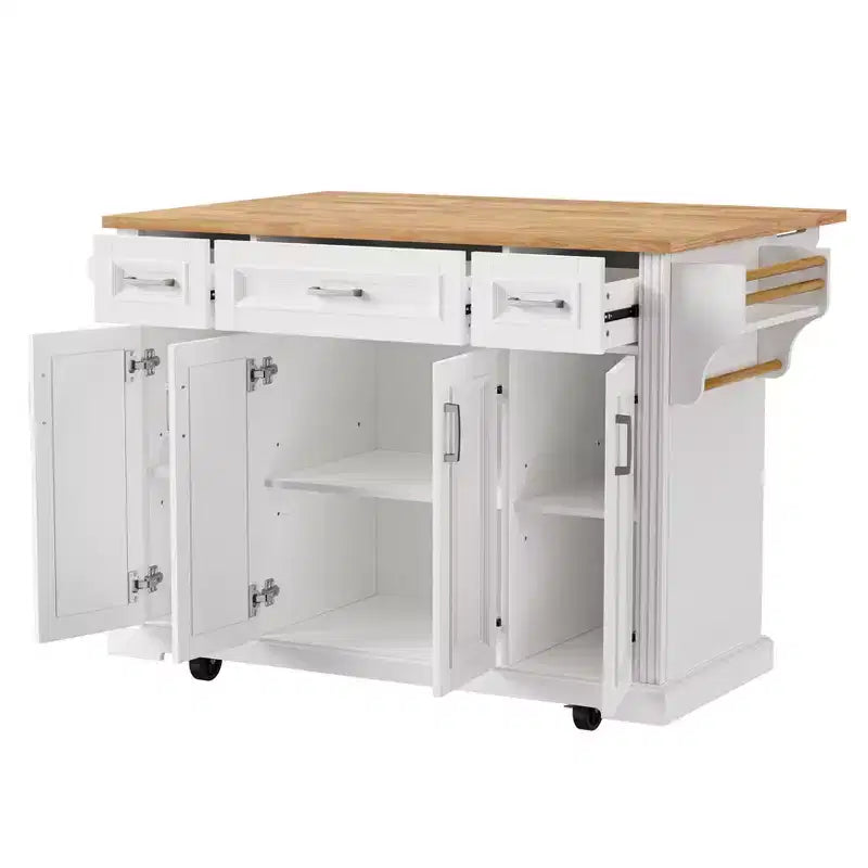 HomyCasa Rolling Kitchen Island with Wood Top and Storage Cabinets, White