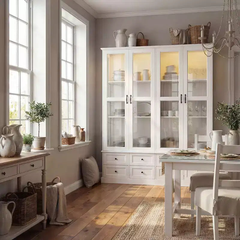 Hitow White Kitchen Storage Cabinet Display Cabinet: 63'' Wide Glass Door Display + RGB LED Lighting + Drawer Organizer  Spacious Buffet for Home