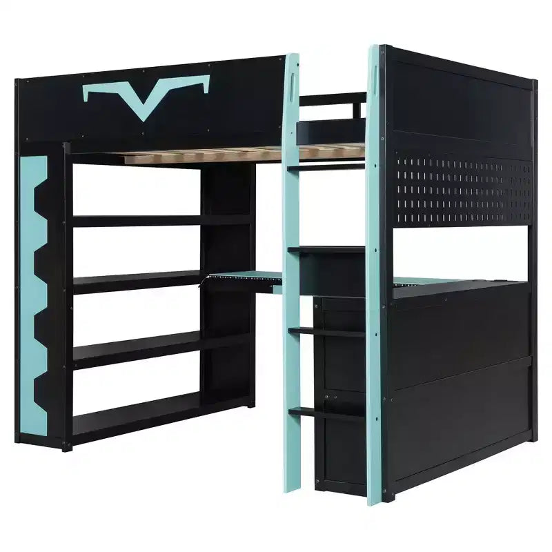 Luxystar Modern Gaming Full Loft Bed With Lighted Desk And Keyboard Tray, Pegboard, Storage Bookcase