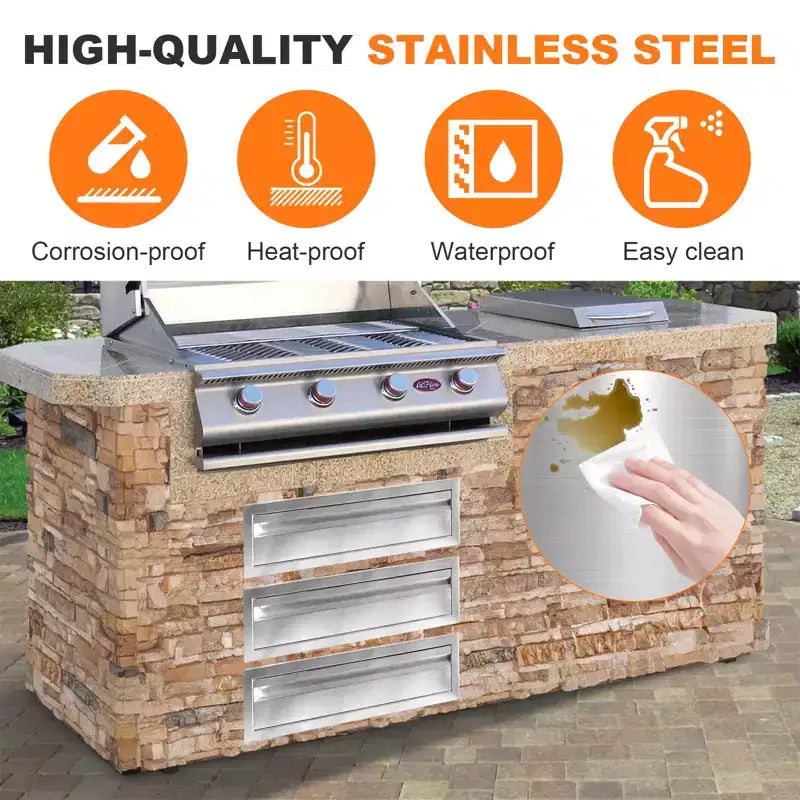 24 Stainless Steel Outdoor Kitchen Drawer  Flush Mount BBQ Island Storage for Grill Station  Silver