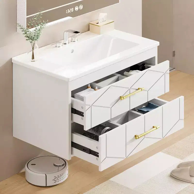 Floating Bathroom Vanity with Sink 30 inch, Modern Bathroom Sink Cabinet, Ceramic Vanity Top, 2 Large Storage Drawers with Gold Metal Handle