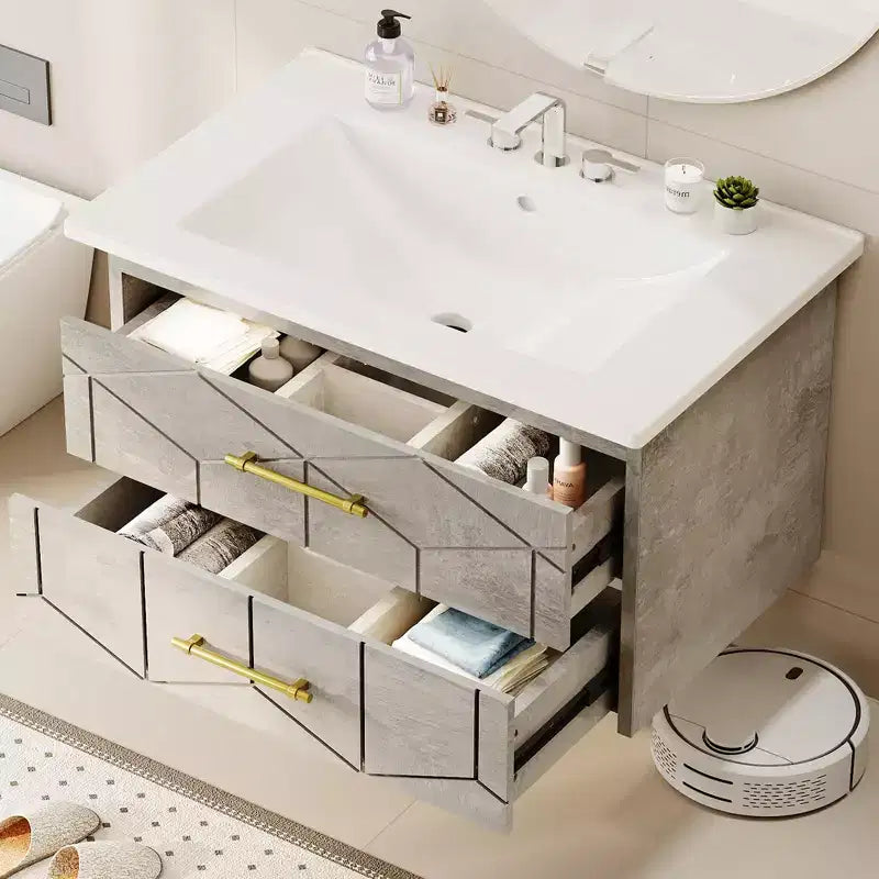 Floating Bathroom Vanity with Sink 30 inch, Modern Bathroom Sink Cabinet, Ceramic Vanity Top, 2 Large Storage Drawers with Gold Metal Handle