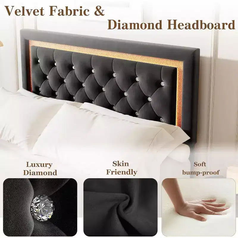 Floating Bed Frame with Smart LED Lights, Upholstered Diamond Headboard, No Box Spring Needed
