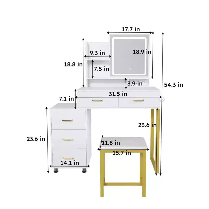 JVNOXK Vanity Table with LED Lights, 3 Color Modes and USB Port, 5 Drawers, Sturdy Metal Legs and Metal Chair, for Bedroom & Dressing Room, White