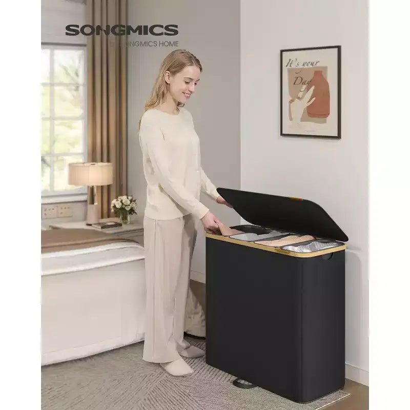 SONGMICS Laundry Hamper, Laundry Sorter with Lid, Storage Basket Bin, Removable Liners, Bamboo Frame, 4 Sections, 59.4 Gallon (225 L), Ink Black