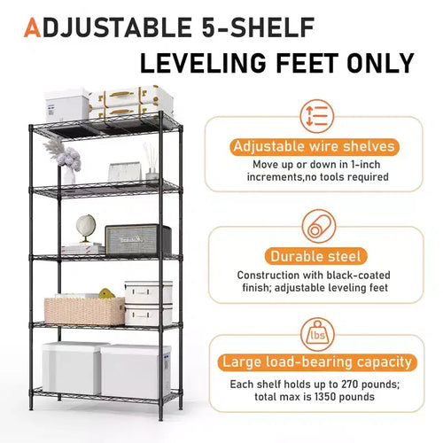 59'' Black 5 Tier Storage Rack Adjustable Tier Spacing Height