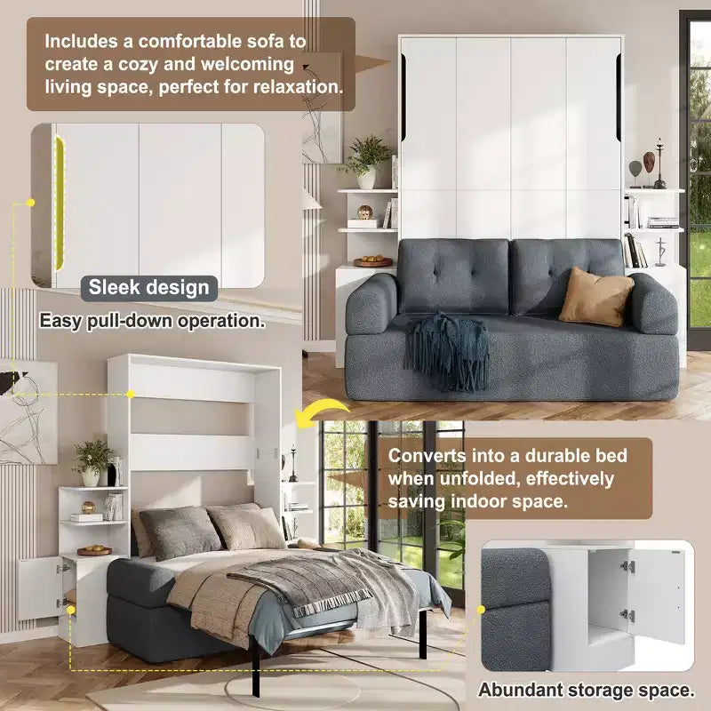 Whisen Queen Wall Murphy Bed Frame with Sofa and Storage Cabinets, Space-Saving Wall Bed