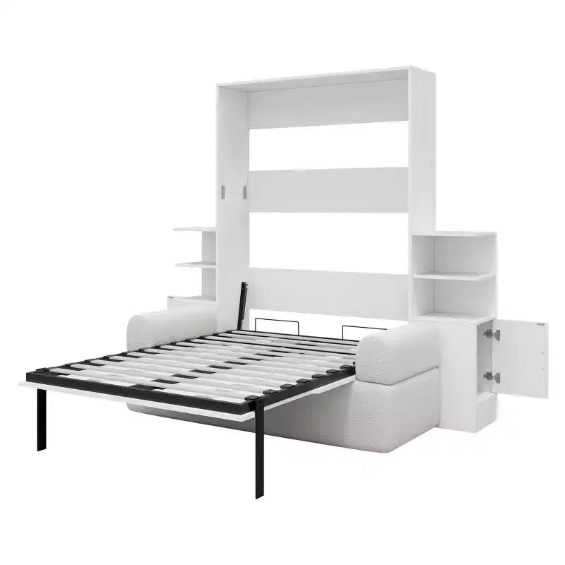 Whisen Queen Wall Murphy Bed Frame with Sofa and Storage Cabinets, Space-Saving Wall Bed