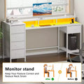 55 Inch White Computer Desk with Charging Station Reversible Gaming Desk LED Lights Fabric Drawers Home Office Writing Table Bedroom Study Storage