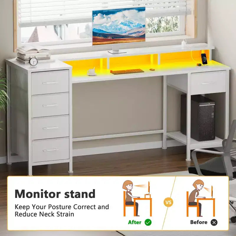 55 Inch White Computer Desk with Charging Station Reversible Gaming Desk LED Lights Fabric Drawers Home Office Writing Table Bedroom Study Storage