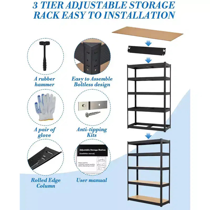 Coolmee Garage Storage Shelves, Heavy Duty Metal 5-Tier Adjustable Shelving Units, Loads 2000 LBS, Storage Racks for Warehouse,Pantry, Basement
