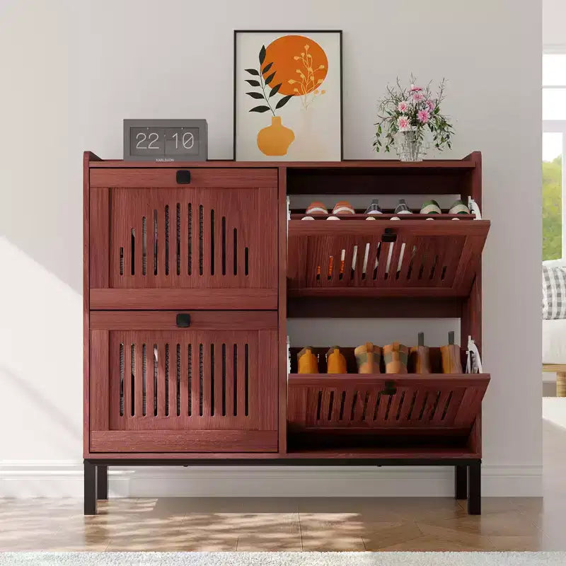 Shoe Storage Cabinet with 4 Flip Drawers, Hollow-Out Panel, Anti-Tipping, Adjustable Shelves for Entryway, Living Room, Bedroom