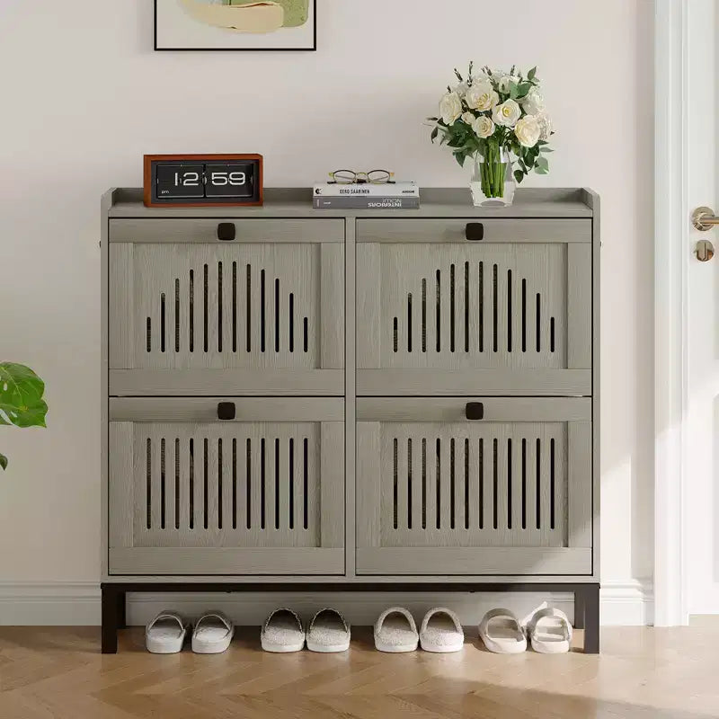 Shoe Storage Cabinet with 4 Flip Drawers, Hollow-Out Panel, Anti-Tipping, Adjustable Shelves for Entryway, Living Room, Bedroom