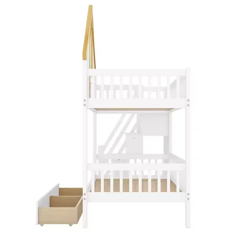 Polibi Full/Twin Bunk Bed with Roof, Windows, Drawers & Staircase