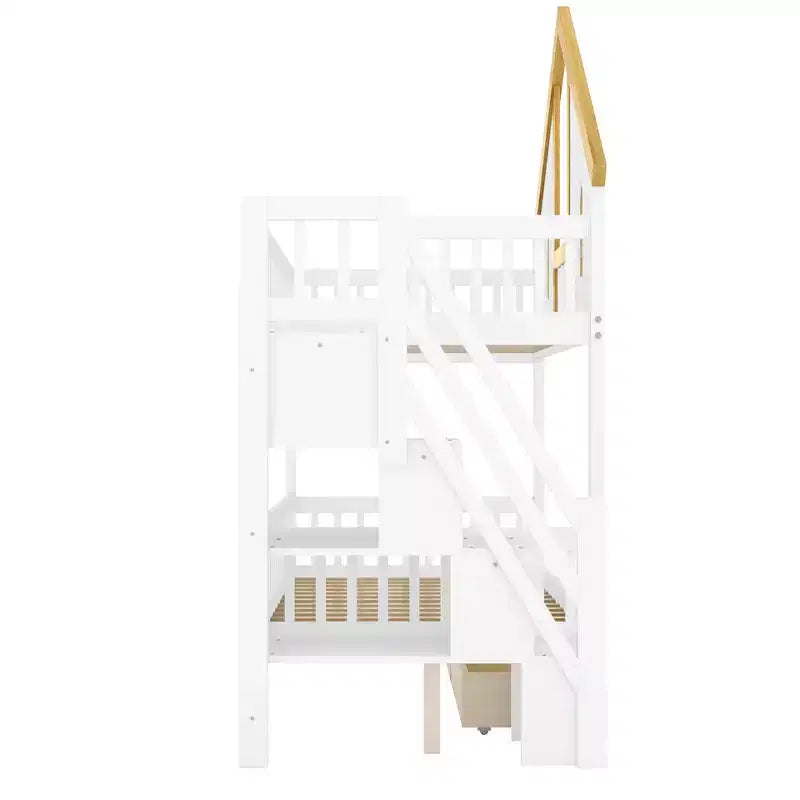 Polibi Full/Twin Bunk Bed with Roof, Windows, Drawers & Staircase