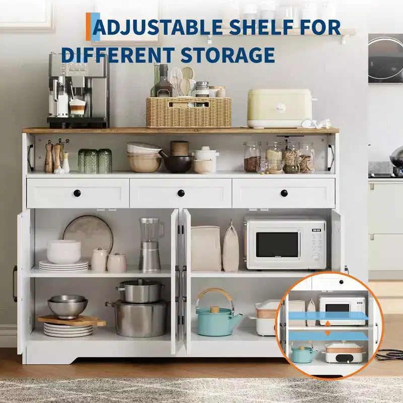 55 Farmhouse Cabinet with Charging Station & 3 Drawers, Sideboard Buffet Cabinet with Storage and Open Shelf, for Dining Room Living Room