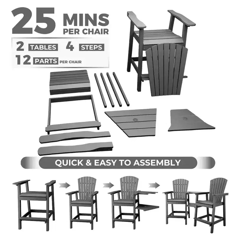 Outdoor Tall Adirondack Chairs, with Connecting Tray, Compact Seating, Bar Stool Chair with High Back, for Garden Deck Backyard