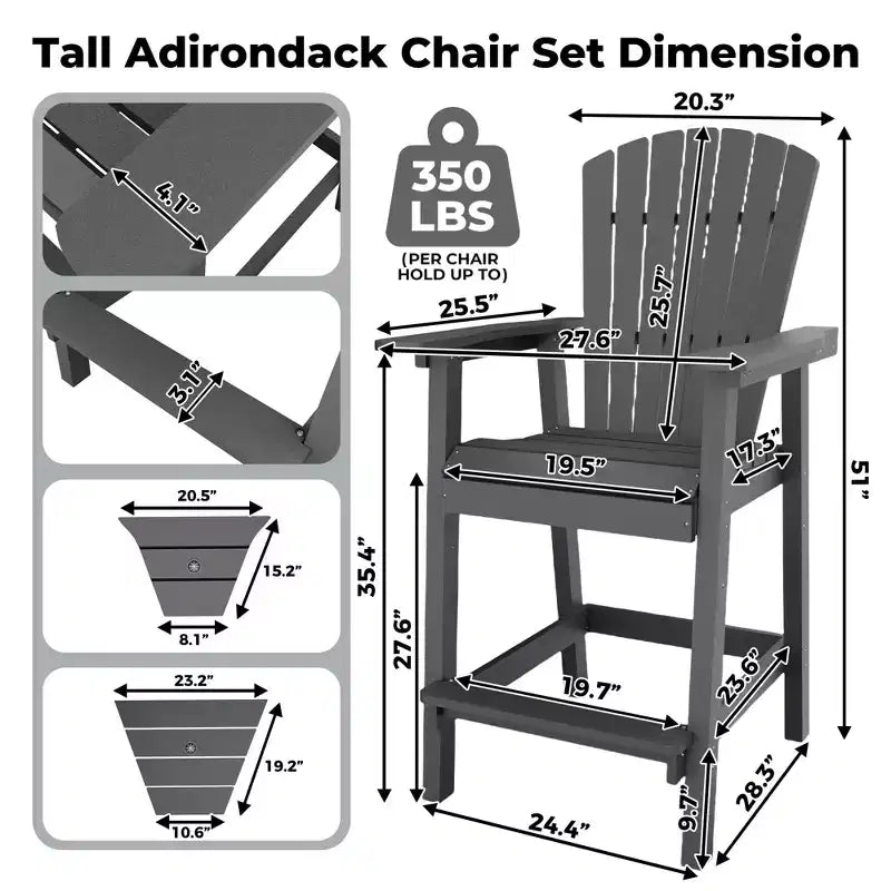 Outdoor Tall Adirondack Chairs, with Connecting Tray, Compact Seating, Bar Stool Chair with High Back, for Garden Deck Backyard