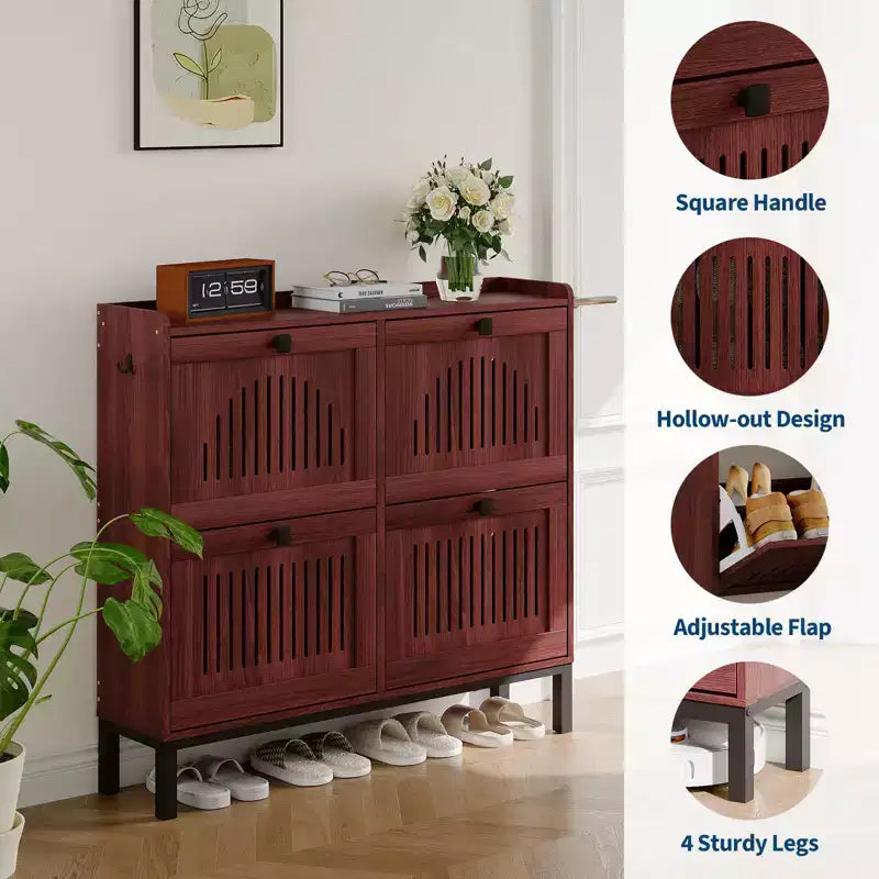 Modern 4 Flip Drawer Shoe Storage Cabinet with Adjustable Shelves, Space-Saving Wooden Organizer with Hollow-Out Panel & Black Handles for Entryway