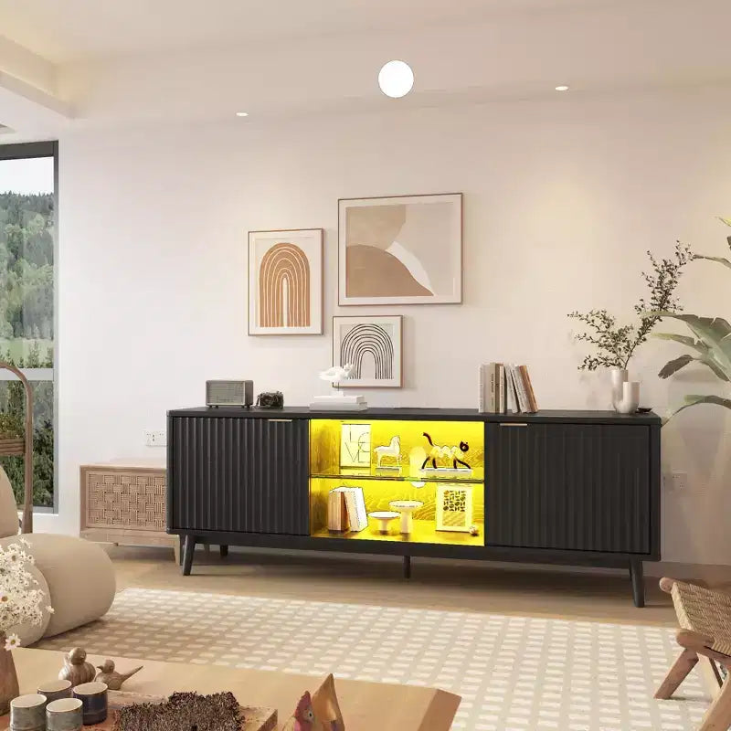 TV Stand,Entertainment Center for 75 TV, Fluted Media Console with Adjustable Shelves,Black Living Room Furniture