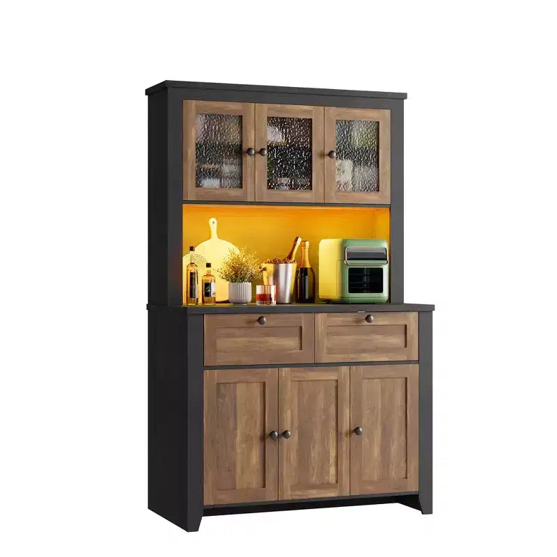 66 Tall Pantry Cabinet with LED Lights, Charging Station, Storage Drawers and Adjustable Shelves for Dining Room, Living Room