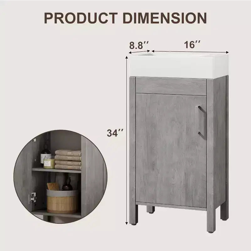16 Inch Freestanding Bathroom Vanity with Sink, Single Door Storage Cabinet Soft Close for Small Bathroom Powder Room