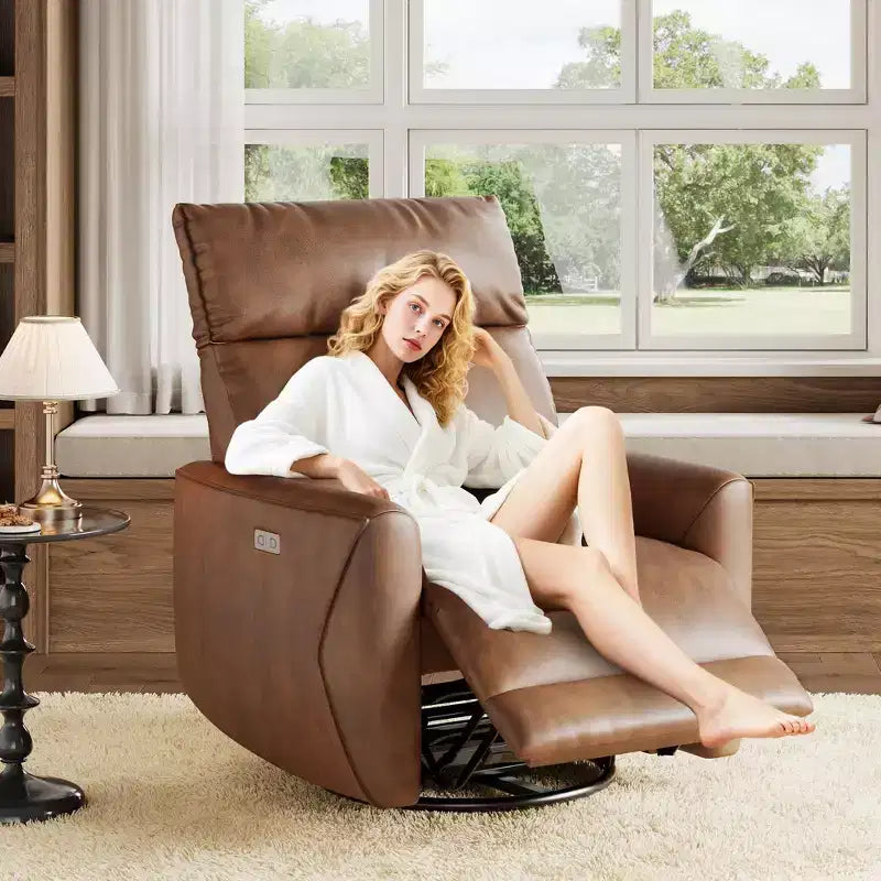 Modern Power Recliner Chair with USB Ports - PU Leather 270 Swivel Rocker for Living Room Nursery Bedroom - Brown