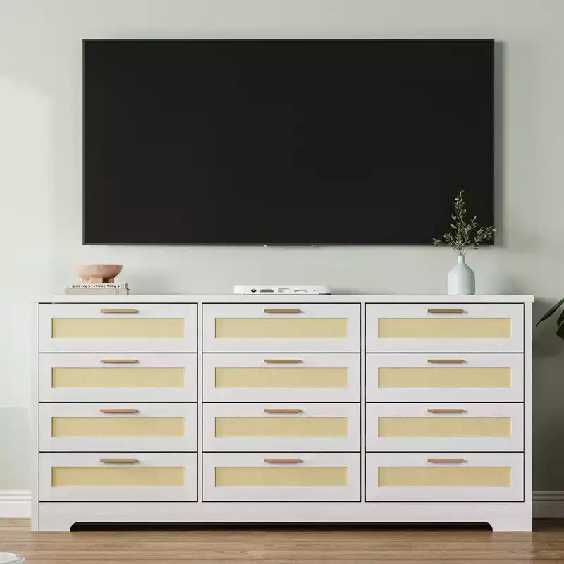 Modern Rattan Dresser,12-Drawer Wooden Storage Organizer with Woven Rattan Panels & Handles, Sleeper Chest for Bedroom,Entryway & Living Room