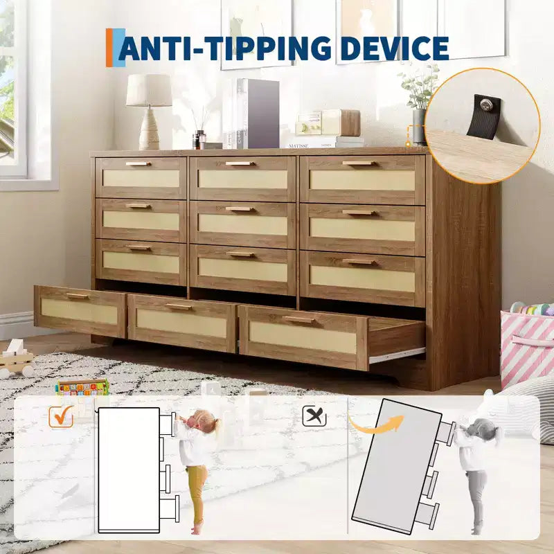 Modern Rattan Dresser,12-Drawer Wooden Storage Organizer with Woven Rattan Panels & Handles, Sleeper Chest for Bedroom,Entryway & Living Room