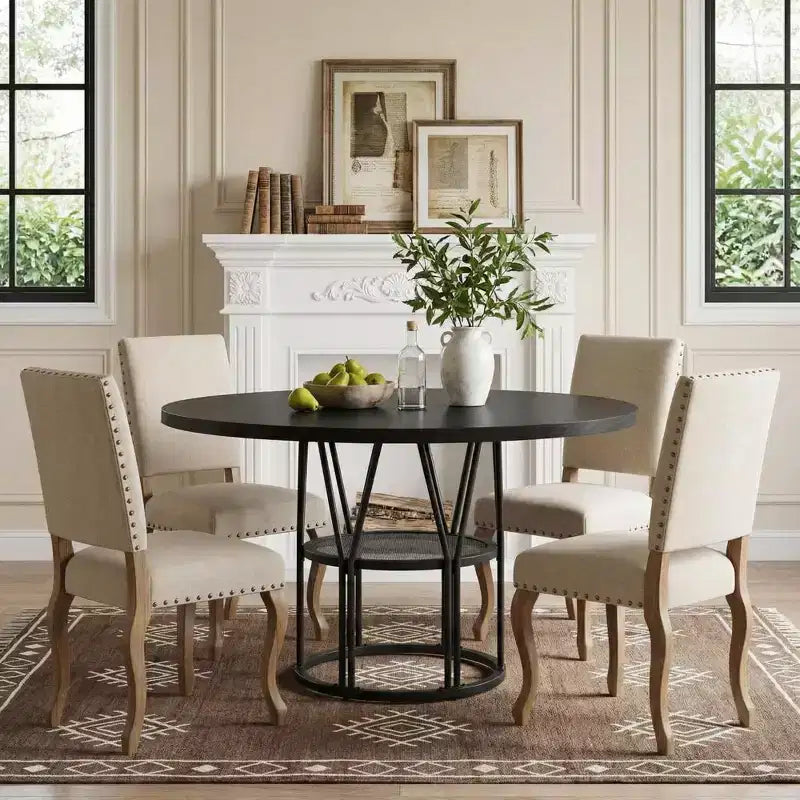 Coolmee 47 Round Dining Table with Storage, Modern Kitchen Table for 4-6, Metal Frame Circle Dinner Table for Small Space, Apartment, Living Room