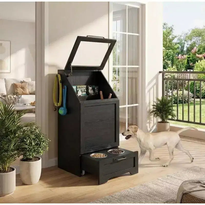 Elevated Dog Feeding Station with Storage Cabinet - Includes 2 Raised Bowls,3 Hooks, and Hidden Food Container Organizer for Pet Food and Accessories
