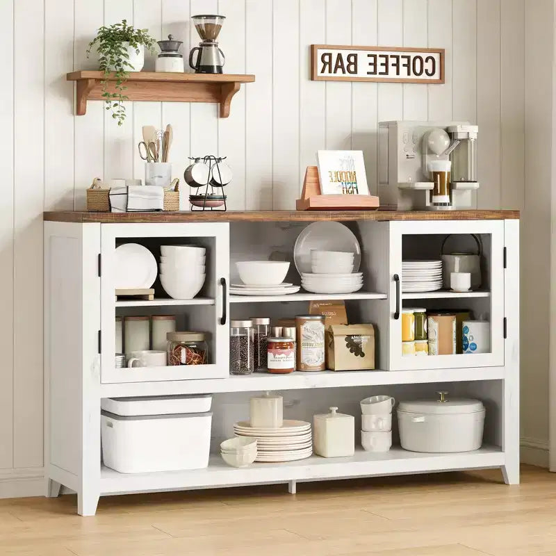 Sideboard Buffet Storage Cabinet with 3 Shelves and 2 Doors, 53 in Wide Coffee Bar Cabinet Farmhouse Credenza Table for Living Room Kitchen Entryway