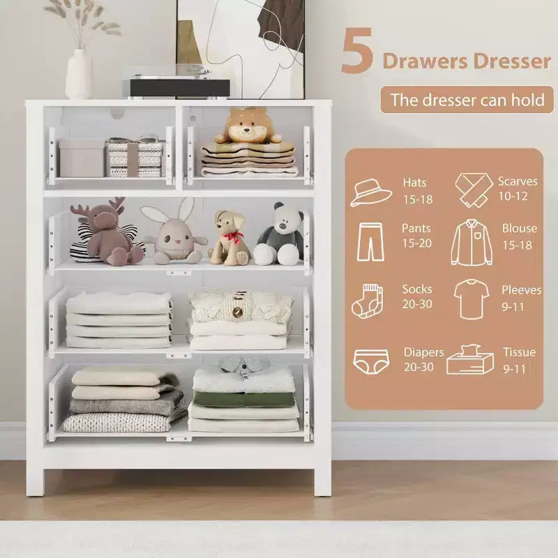 5-Drawer Tall Wooden Dresser for Bedroom, Modern Double Chest of Drawers with Deep Drawers & Metal Knobs for Kids Bedroom, Entryway & Hallway